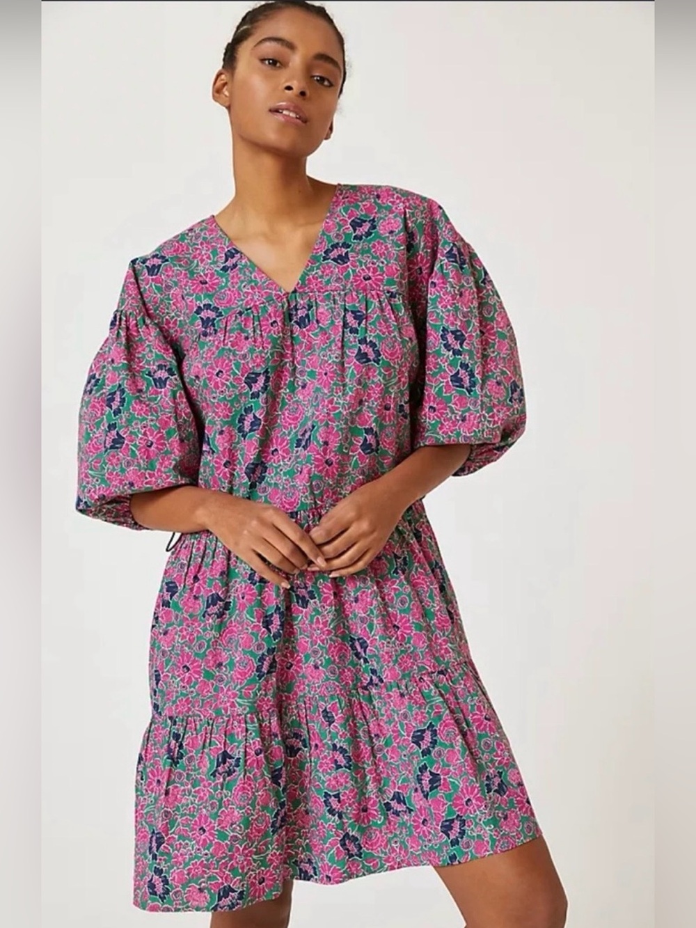 Anthropologie Sundry Floral Tiered Cotton Dress Balloon Sleeve Pockets Cottageco